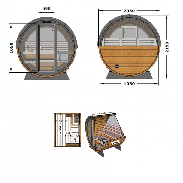 Sauna Tnde 160 cm - halvt panomara glas - Elovn