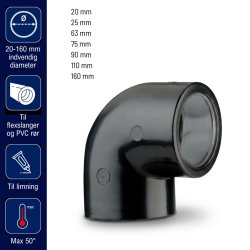 PVC 90 grader vinkel lim/lim - Flere st&oslash;rrelser