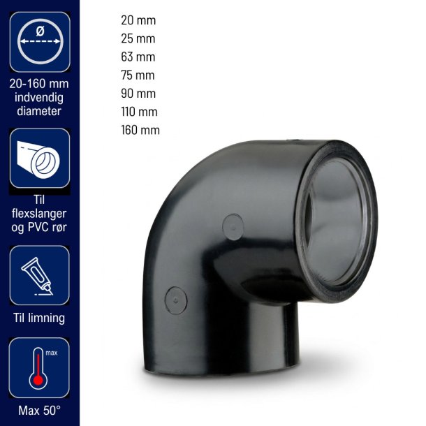 PVC 90 grader vinkel lim/lim - Flere st&oslash;rrelser