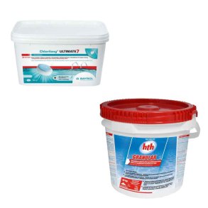 Pakke med HTH klor og Chlorilong Ultimate 7 klor