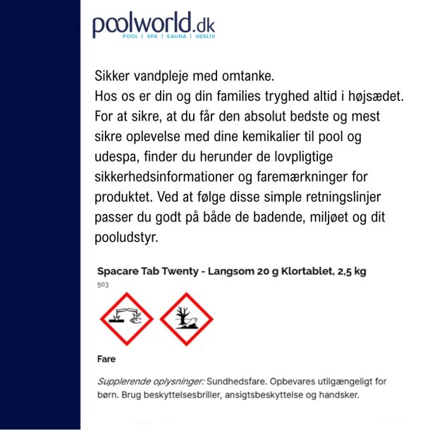 Spacare Tab Twenty - Langsom 20 g Klortablet - 2,5 kg