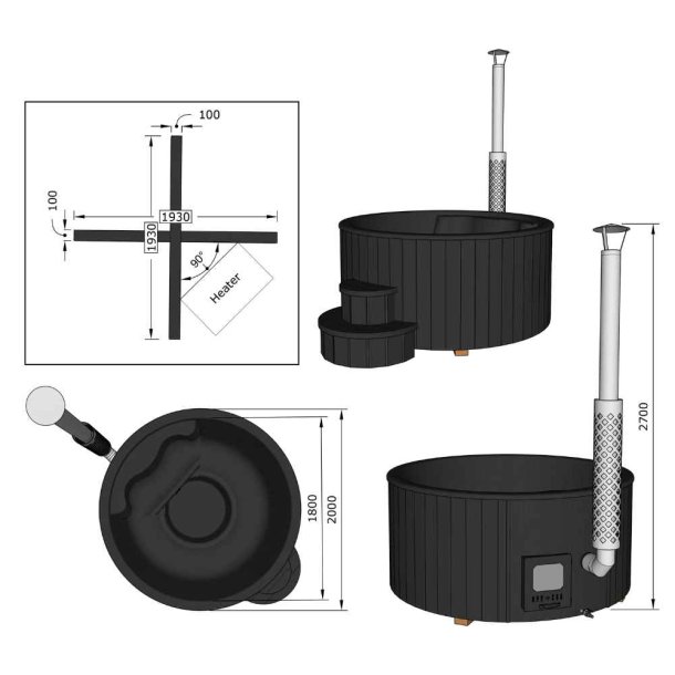 Vildmarksbad Deluxe Black Edition -Isoleret Cover og Indbygget Ovn  2 m