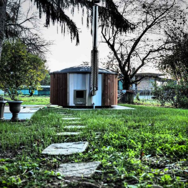 Vildmarksbad Deluxe Glasfiber-Thermowood-LED - Indbygget Ovn  2 m Gr