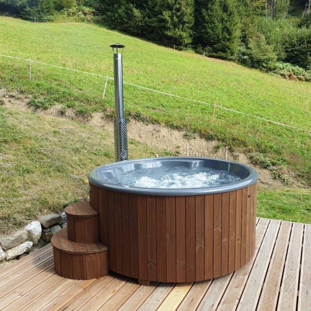 Vildmarksbad Deluxe Gr� Glasfiber-Thermowood -isoleret cover og Indbygget Ovn � 2 m