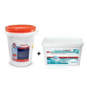 Pakke med HTH klor og Chlorilong Ultimate 7 klor