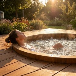 spacare oxybox klorfrit desinficering starts�t , milj�billede med kvinde i udespa
