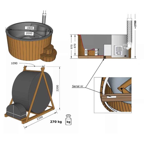 Vildmarksbad Deluxe Gr Glasfiber-Thermowood -isoleret cover og Indbygget Ovn  2 m