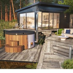 Vildmarksbad Deluxe Glasfiber / Thermowood Indbygget Ovn  2 m Fs 3 farver