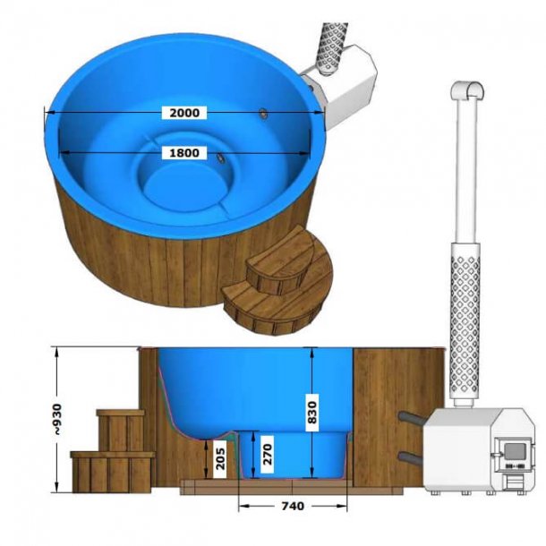 Vildmarksbad Deluxe Thermowood - Glasfiber - Udvendig Ovn 200 cm