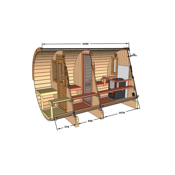 Sauna tnde 330 cm i varmebehandlet tr med terrasse og elovn