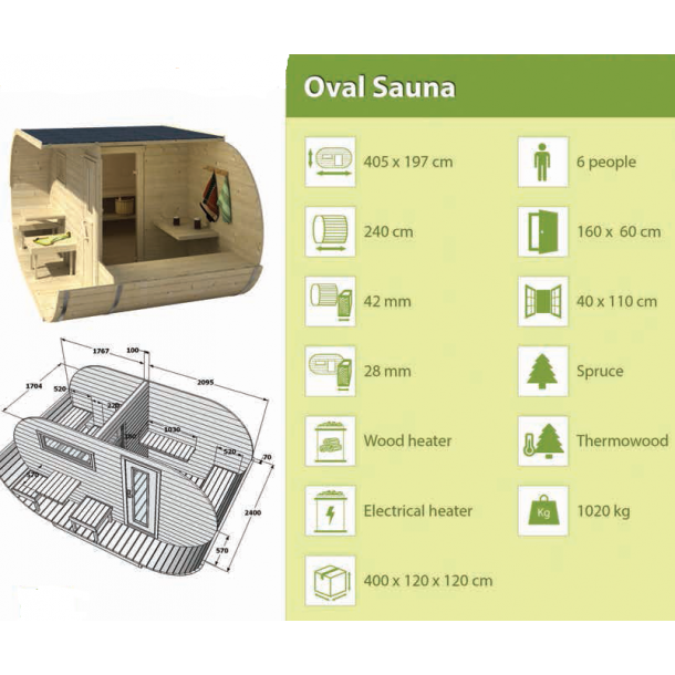 Oval sauna 405x240xH197 cm