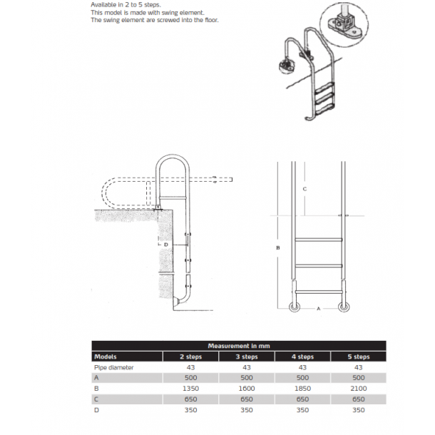 Stige 3 trin med swing element i rustfri stl