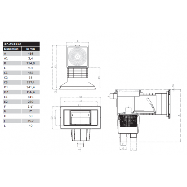 Skimmer bred bning med liner kit til nedgravet pool
